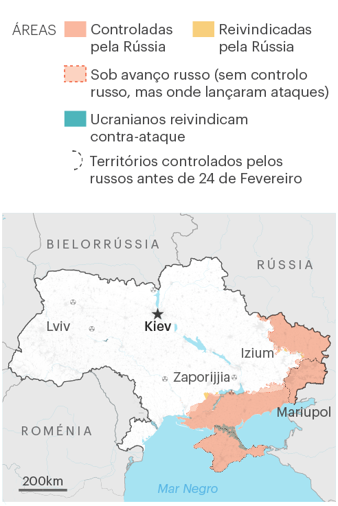 Mapa da Ucrânia com os avanços no terreno no dia 22 Maio
