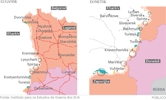 mapa da frente de batalha em Lugansk e Donestk
